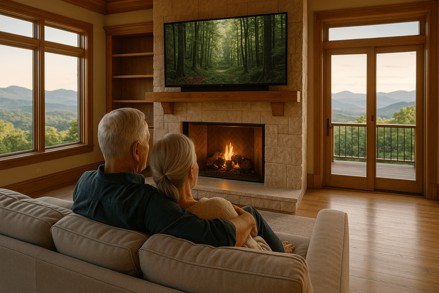 Couple watching a wall-mounted TV above a stone fireplace with mountain views